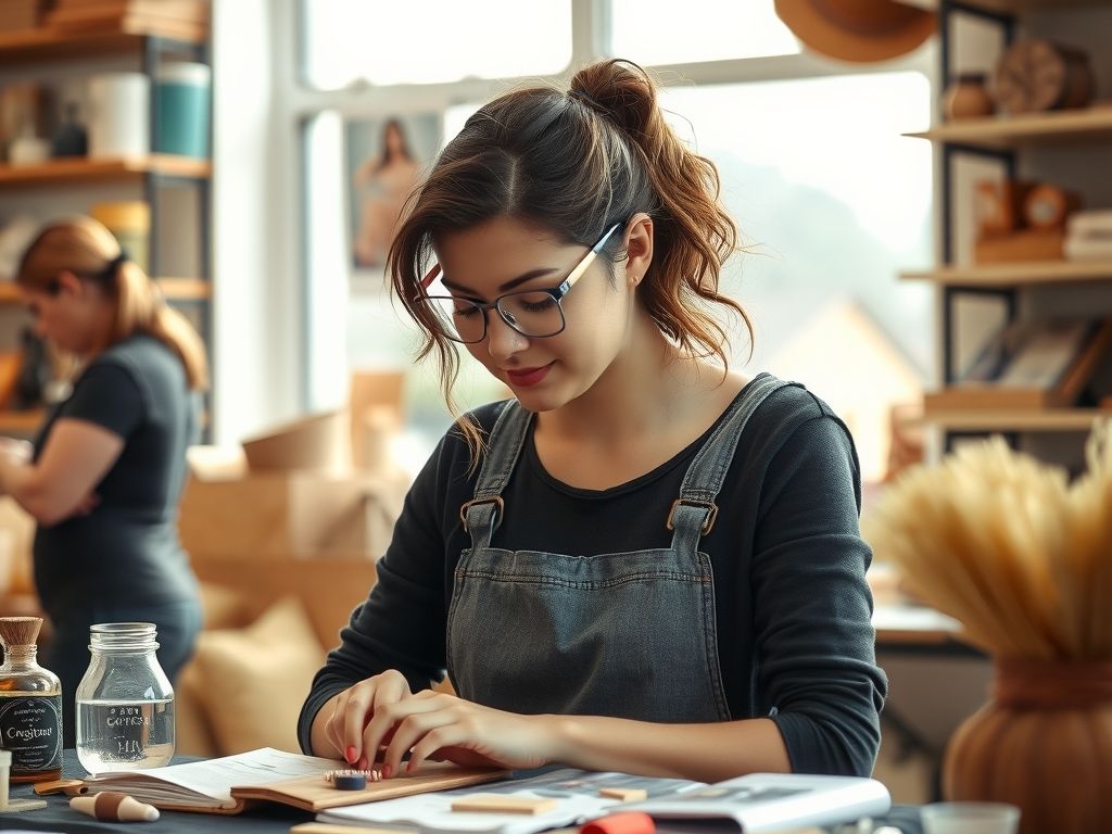 A creator arranging her products for a shop photo.