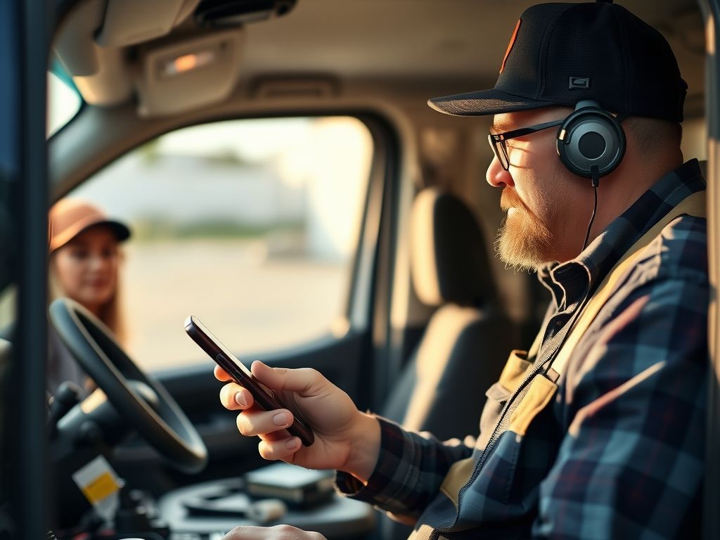 A tradesperson booking a job on the phone in his van.