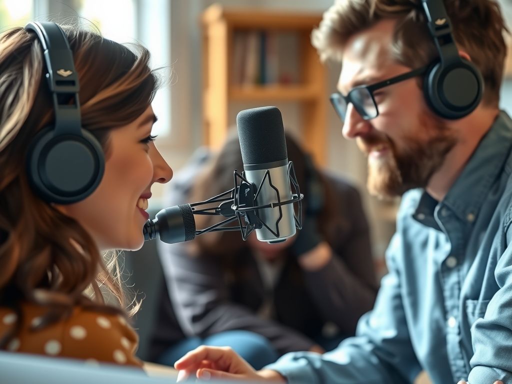 A teacher recording an online lesson with a microphone.