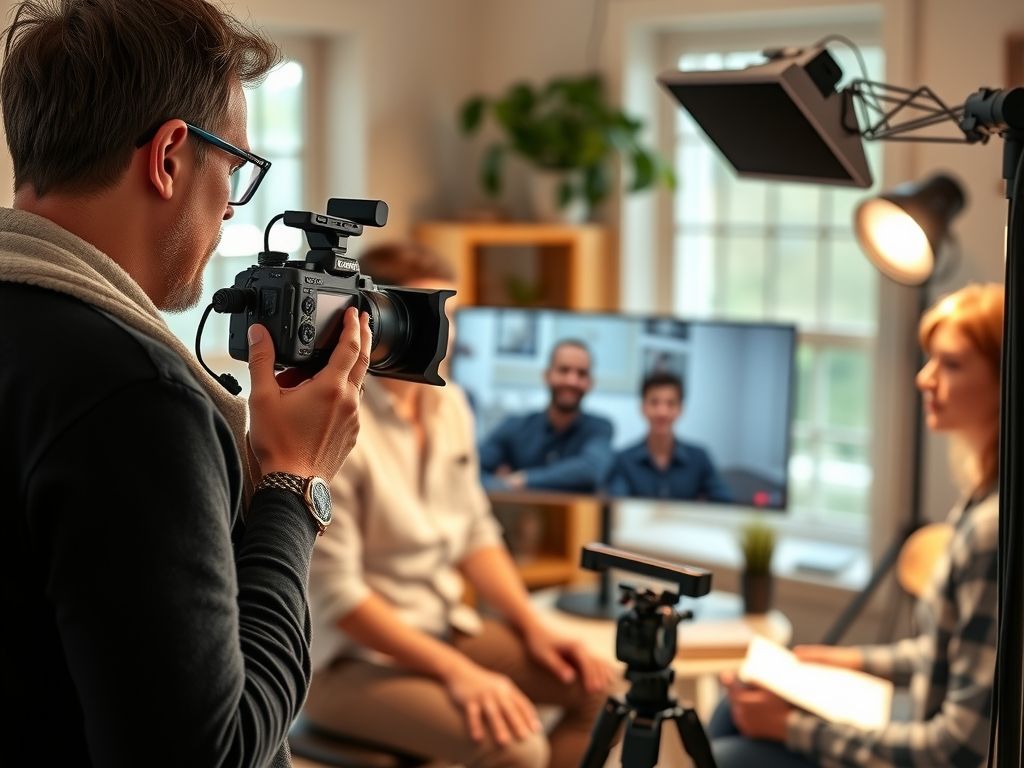 A creator recording a course lesson with a camera and soft lights in a home studio.