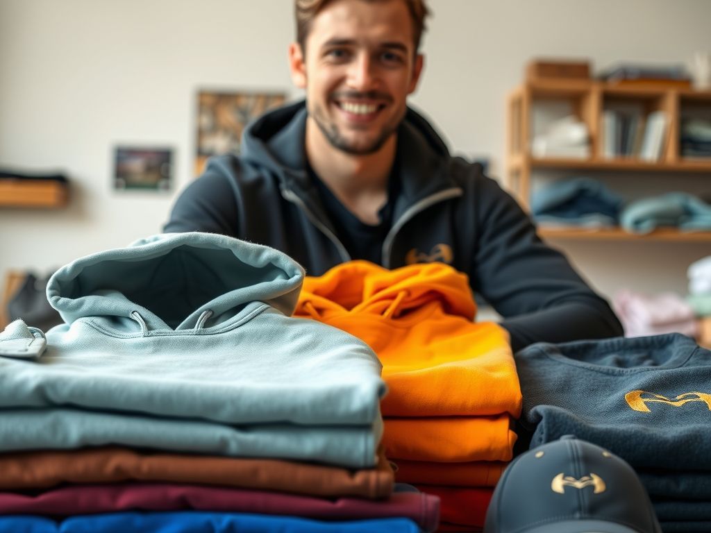 Plain coloured hoodies, t-shirts and caps folded neatly on a table with a creator smiling behind them.
