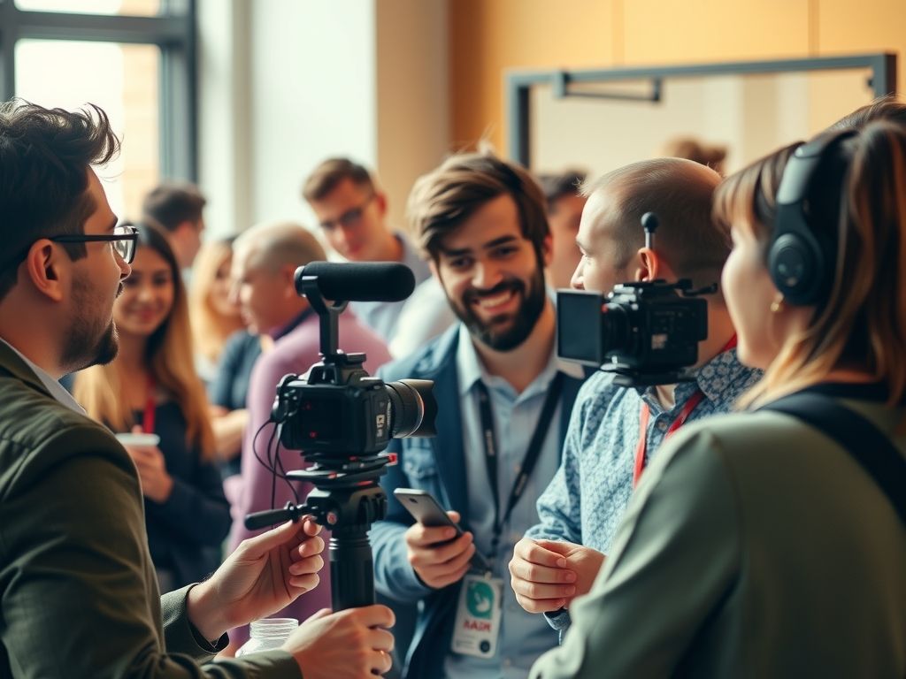 Creators chatting and filming together at a meetup.