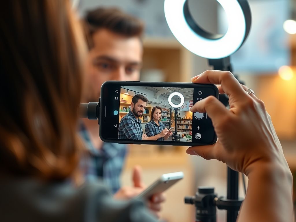 A seller live-streaming products from a phone on a ring light.