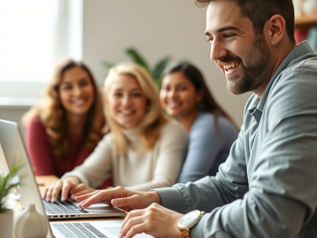 An online community host smiling at a laptop full of members.