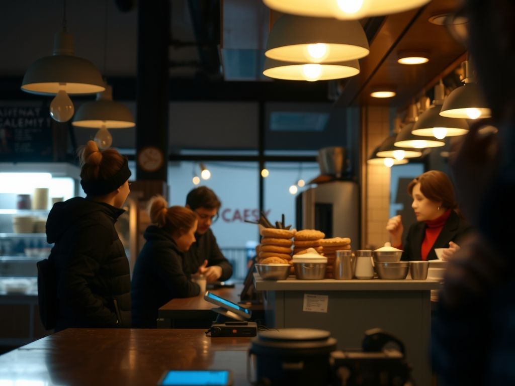 A cosy closed bakery at night, lights dim, a phone glowing on the counter.