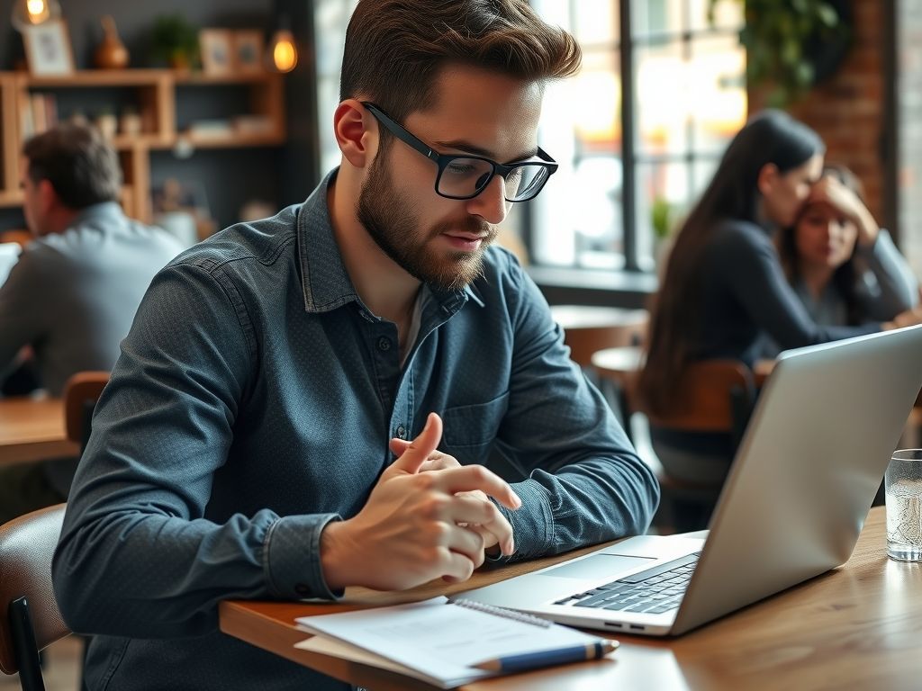 A small business owner trying an AI tool on a laptop at a cafe.