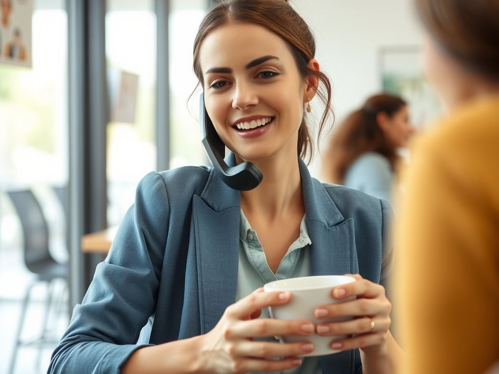 A relaxed business owner sipping coffee while her phone handles customer chats.