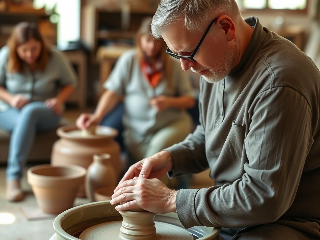 A maker crafting pottery at a wheel.