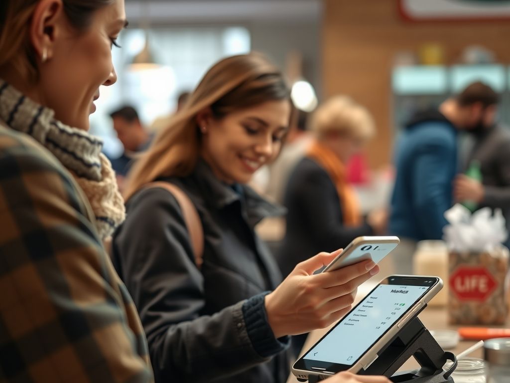 A customer completing a checkout on her phone.