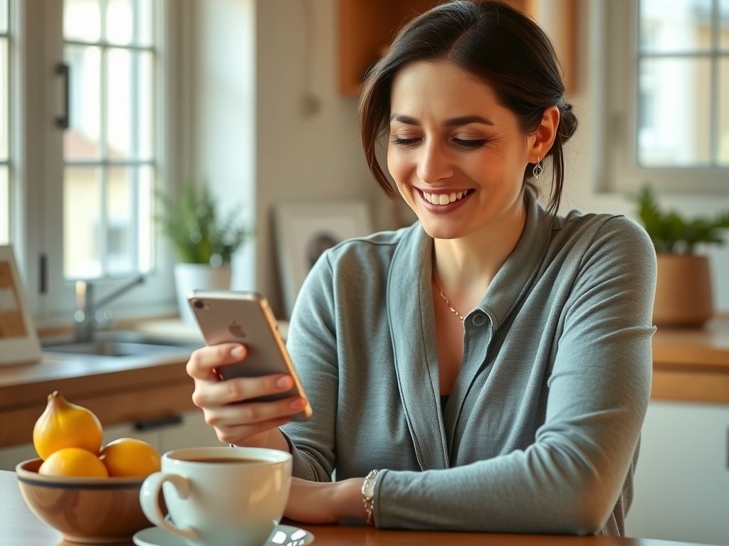 A smiling mother sitting at a sunny kitchen table with a cup of coffee, talking to the smartphone in her hand, a fruit bowl and a window behind her.