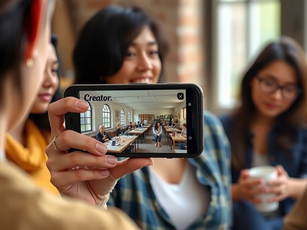 A creator showing her link-in-bio shop on a phone to the camera.