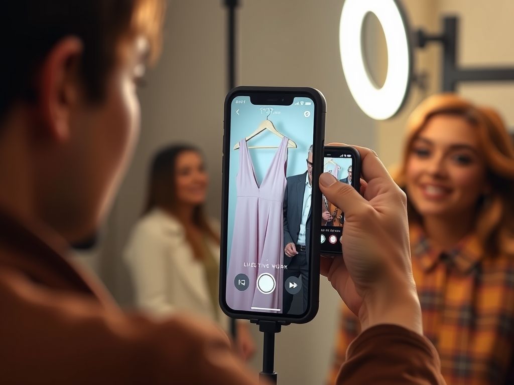 A seller going live on a phone ring light, showing a dress to the camera.