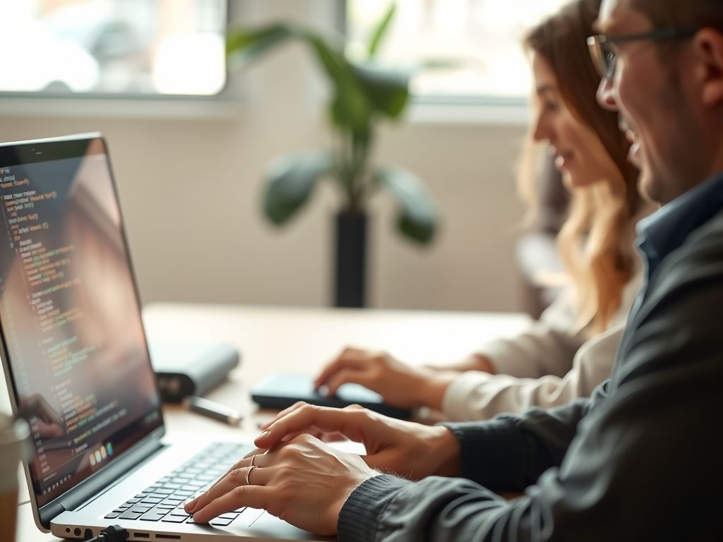 A developer at a laptop with code and a shopping cart icon on the screen.