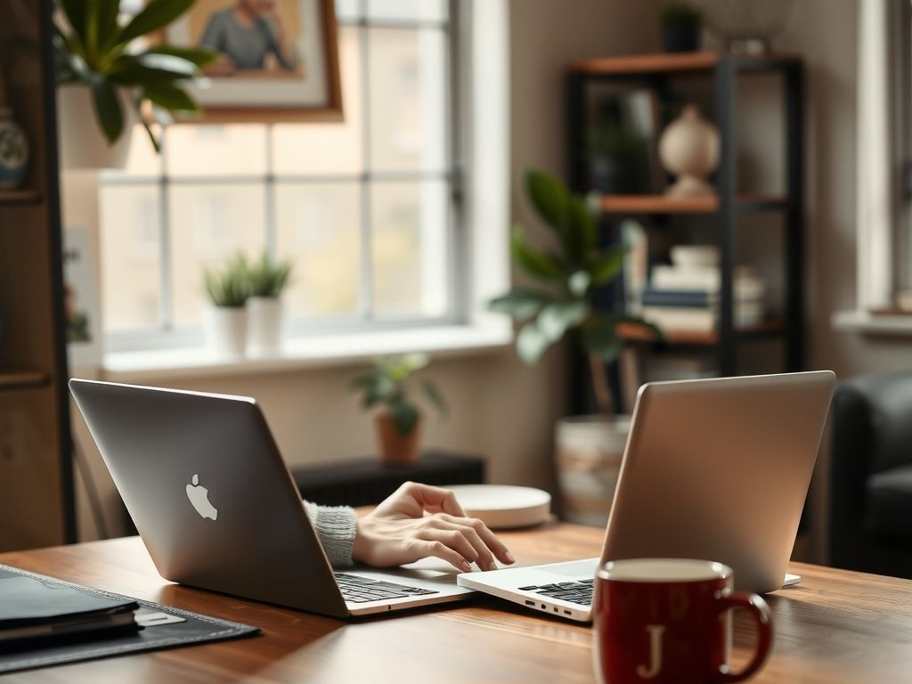 A solo entrepreneur working from a home office desk with a laptop and coffee.
