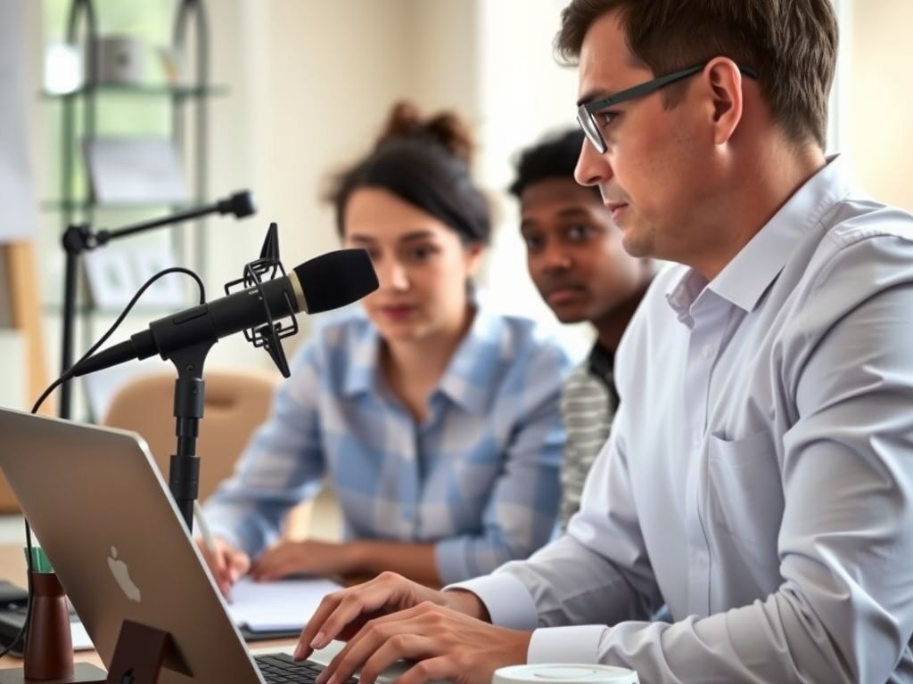 A teacher recording a lesson in front of a laptop with a microphone.