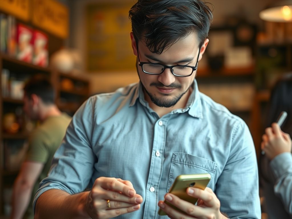 A small business owner reviewing a social media ad on a phone.