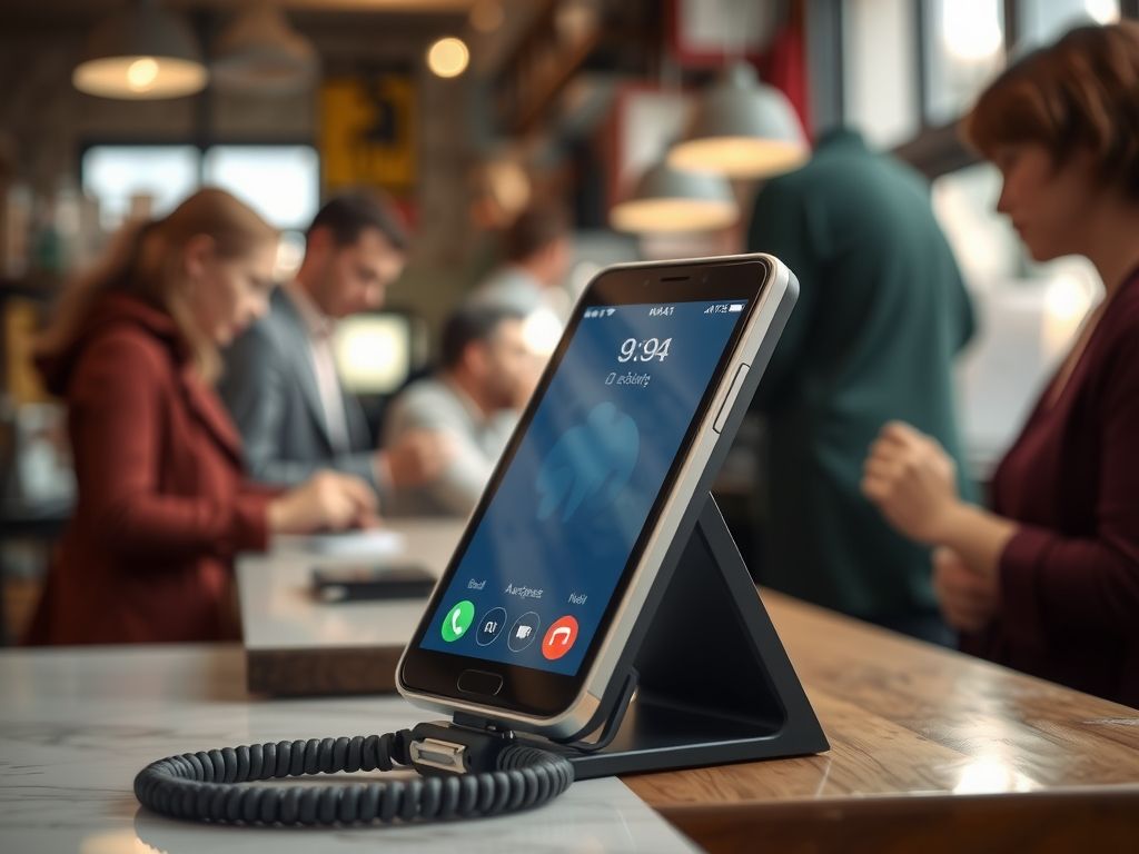 A phone on a shop counter lighting up with an incoming call.