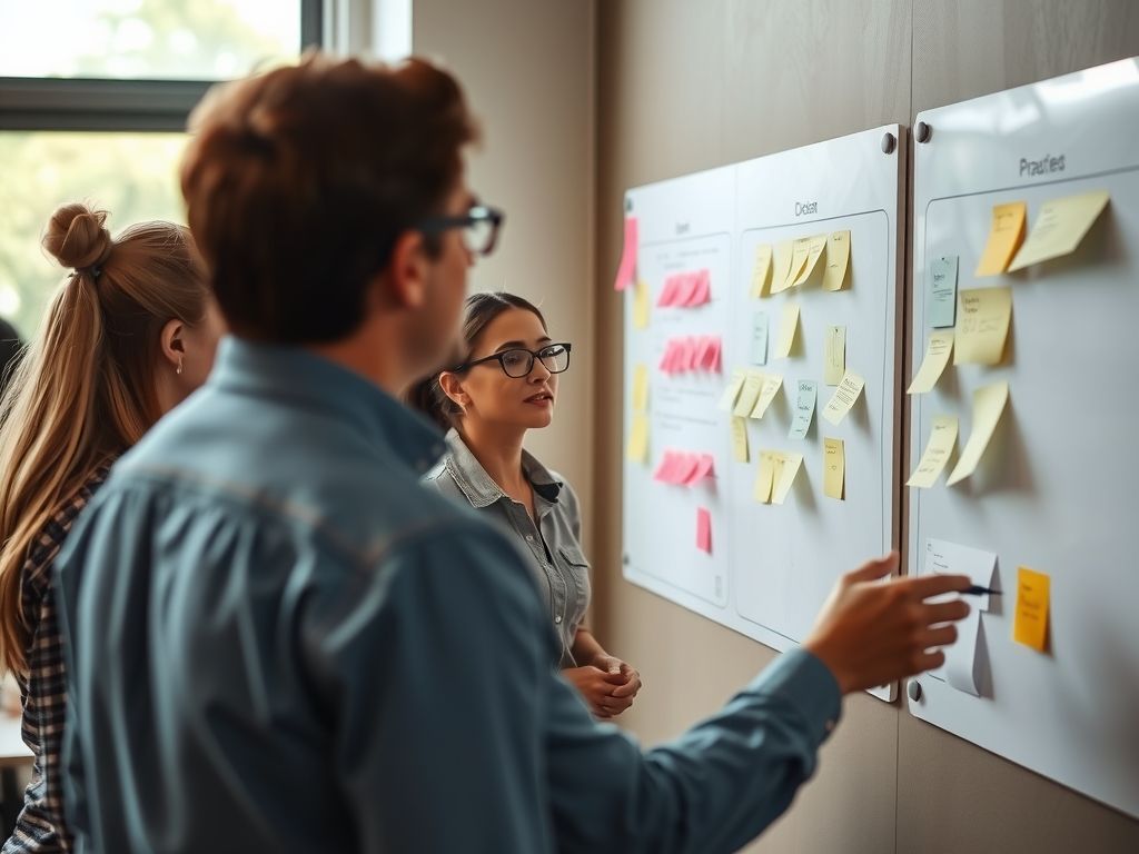 A coach planning a course outline with sticky notes on a wall.