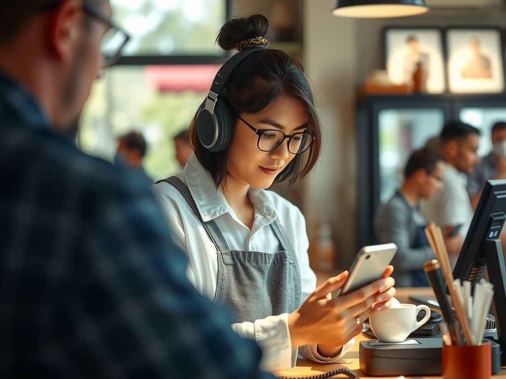 A cafe owner replying to customer messages on a phone behind the counter.