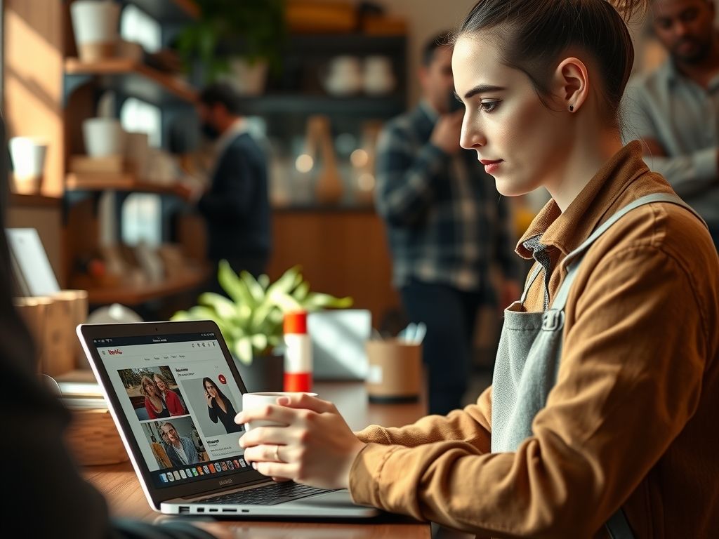 A shop owner scheduling social posts on a laptop with a coffee.