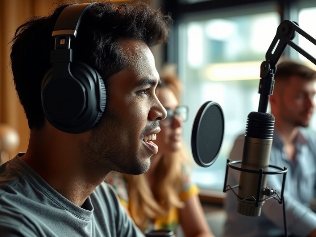 A creator speaking into a studio microphone with headphones on.