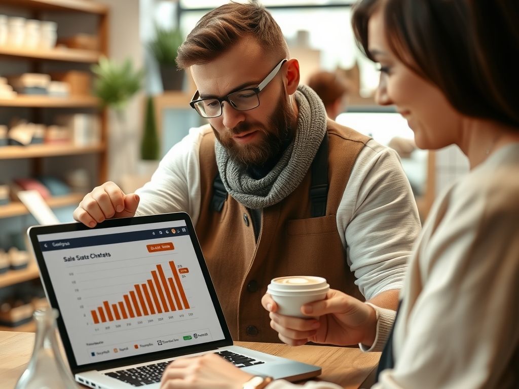 A shop owner looking at a sales chart on a laptop with a coffee.