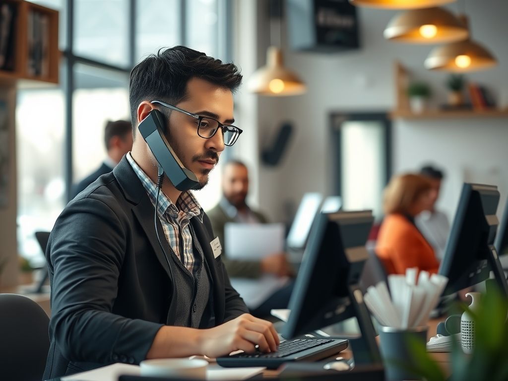 A busy owner working while a phone answers customers on the desk.
