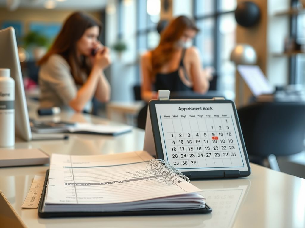 A paper appointment book and a phone calendar on a salon desk.