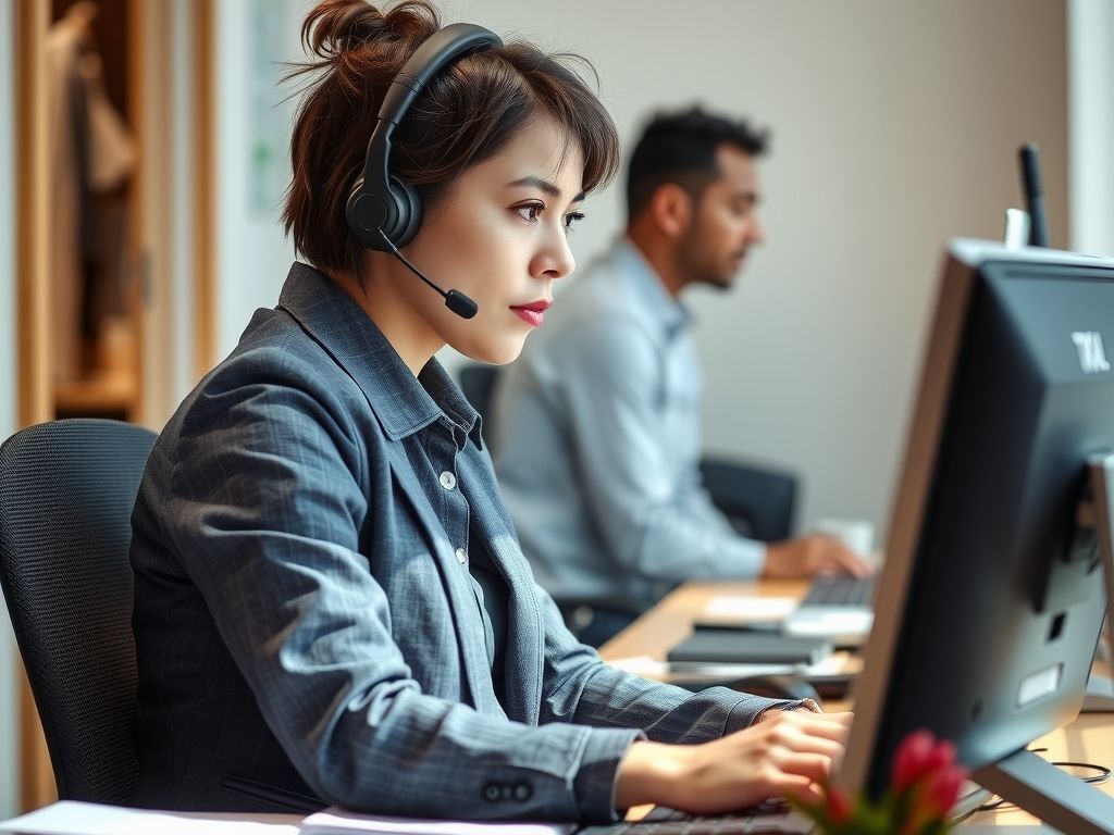 A sales rep with a headset making calls from a small office.