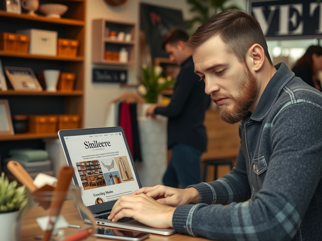 A shop owner writing an email newsletter on a laptop.