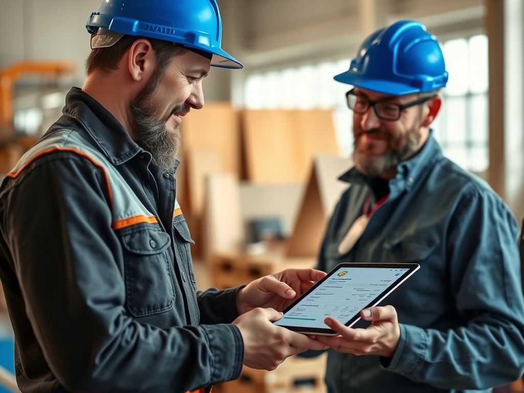 A tradesperson handing a client a tablet to approve and pay an invoice.