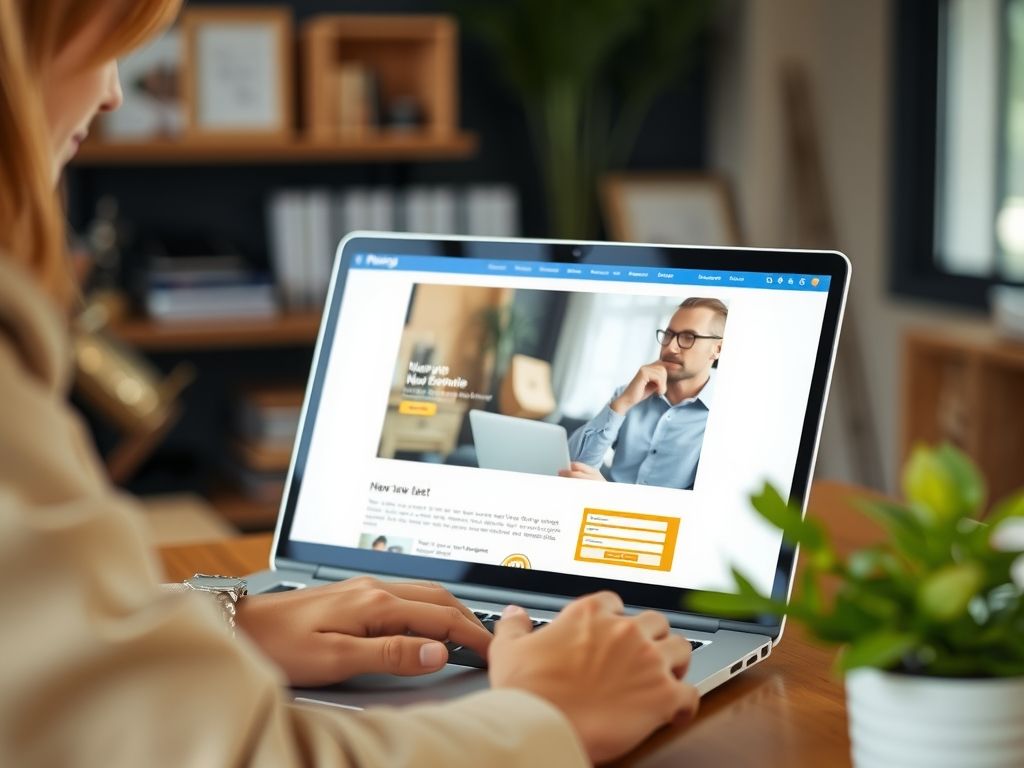 A service business owner showing her new website on a laptop.