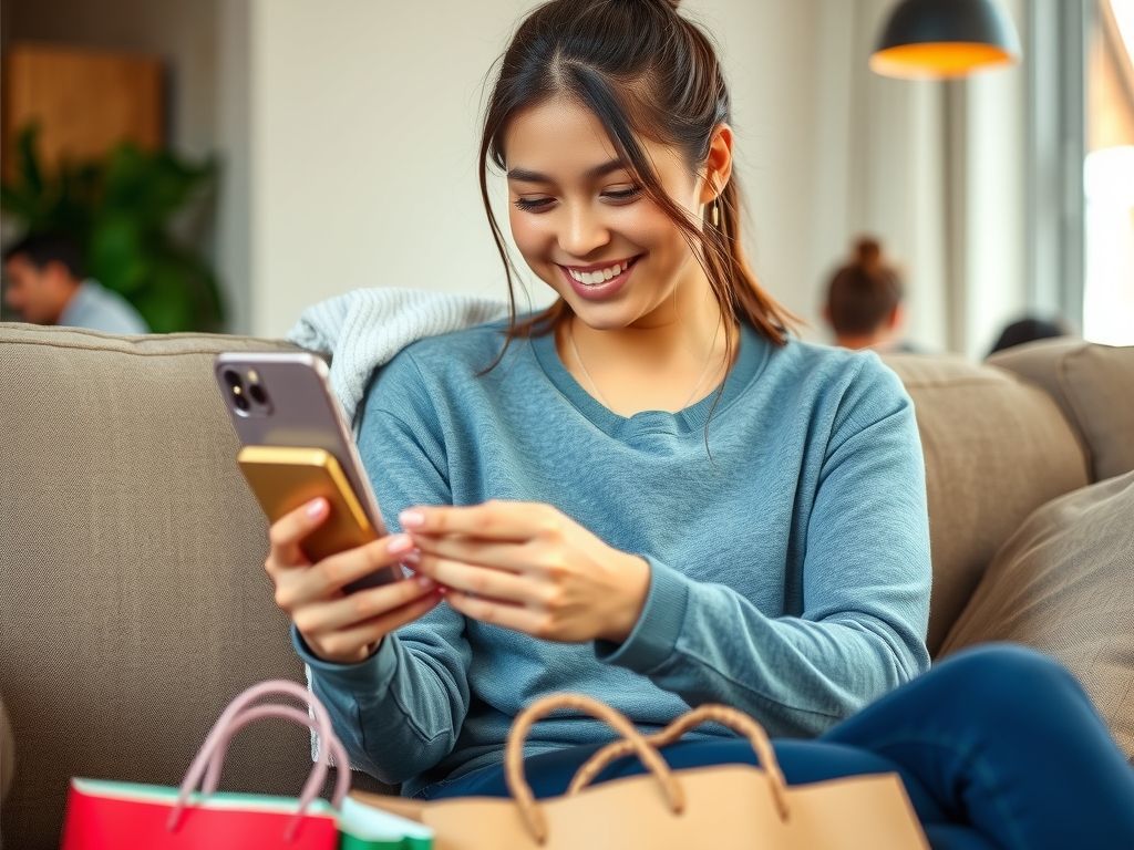 A young woman on her sofa smiling at her phone, a shopping bag beside her.