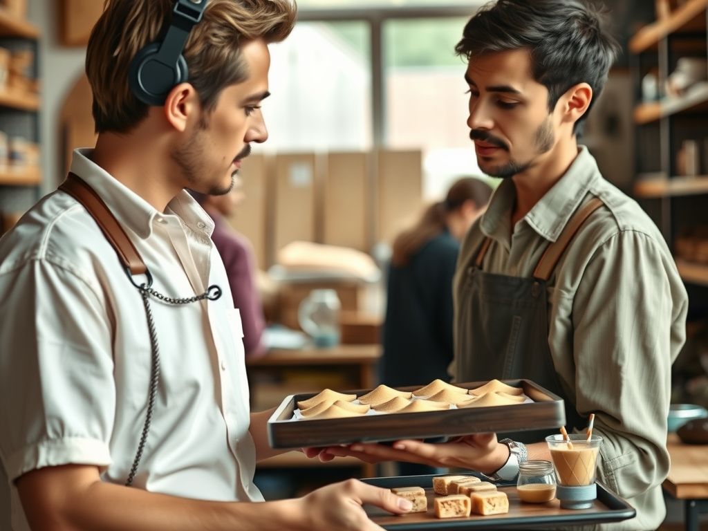 A maker showing a tray of products to a shop buyer.