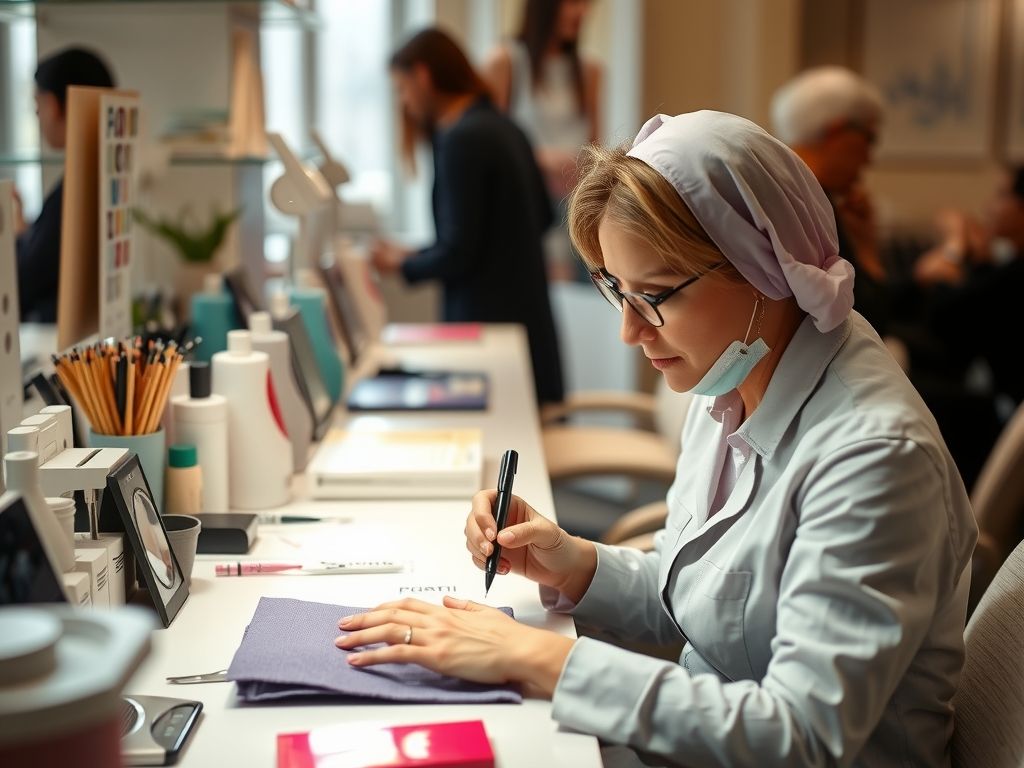 A nail technician working on a client at a tidy nail station.