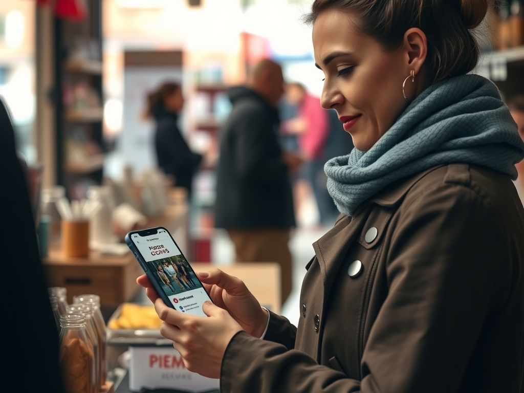A shop owner sending a promotion to customers from her phone.