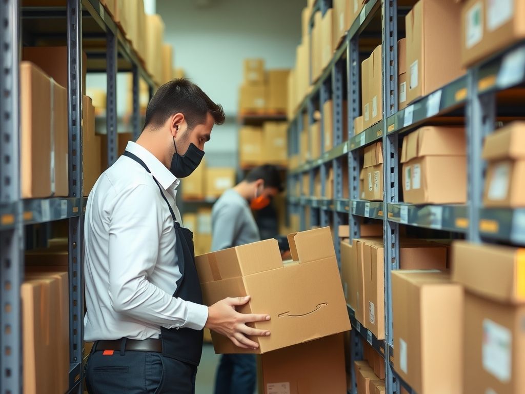 A seller unpacking plain brown boxes of new stock onto shelves in a small stockroom.
