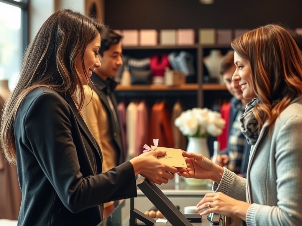 A customer receiving a gift card at a boutique counter.