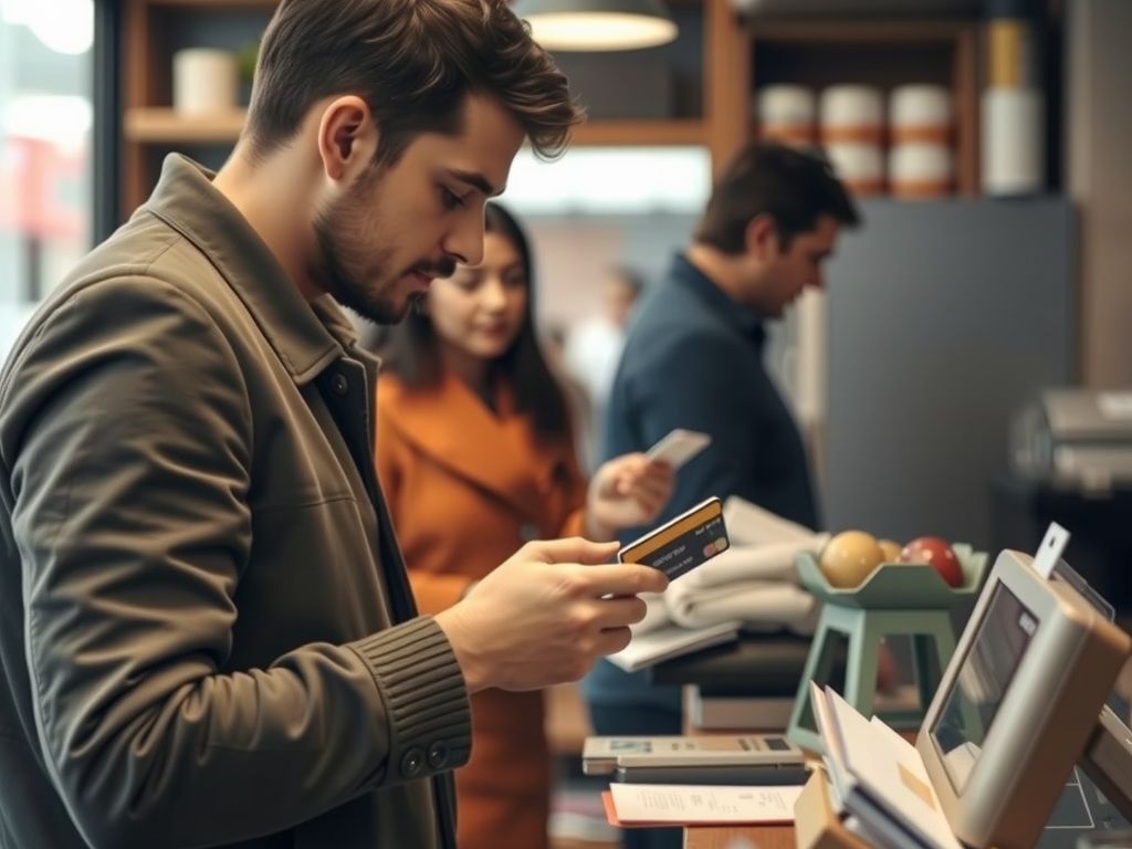 A customer paying by card on a phone at a small shop.