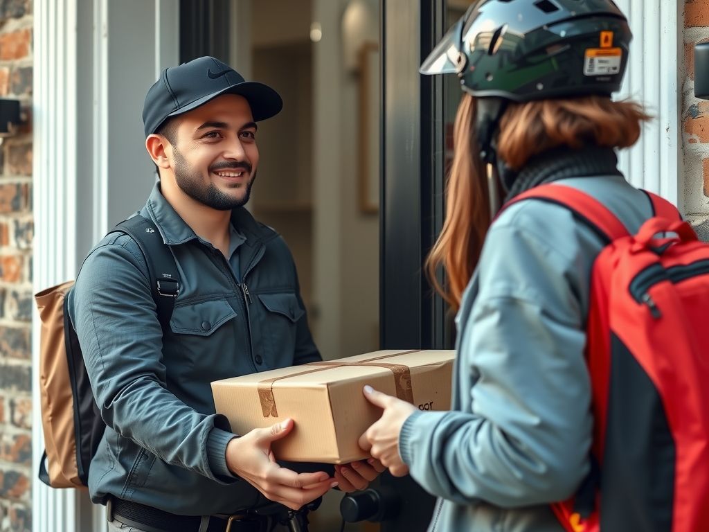 A delivery rider handing a parcel to a customer at her door.