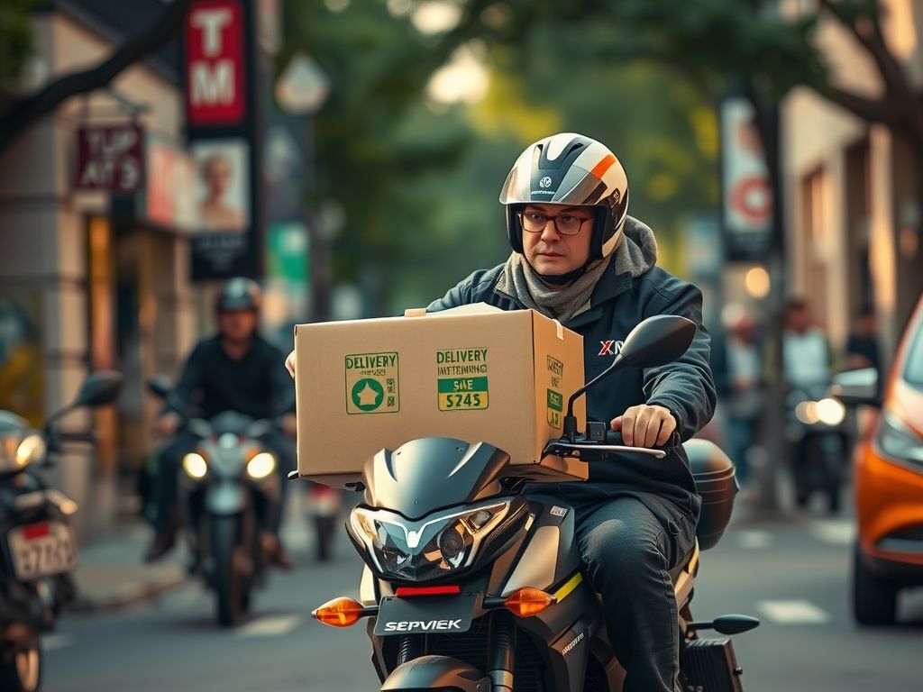 A courier on a motorbike carrying a delivery box through a city street.