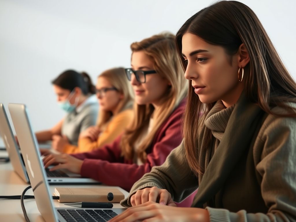 Students following an online course lesson on laptops.
