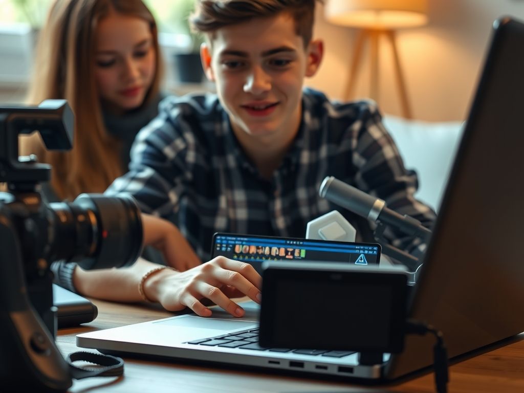 A young creator editing a video on a laptop with a camera beside it.