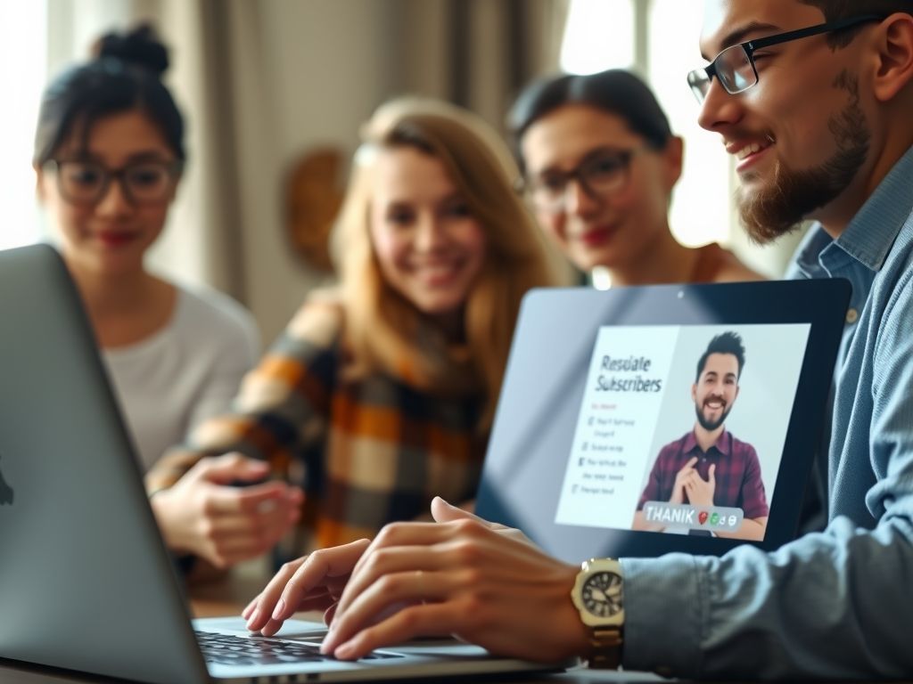 A creator thanking subscribers during a video on a laptop.