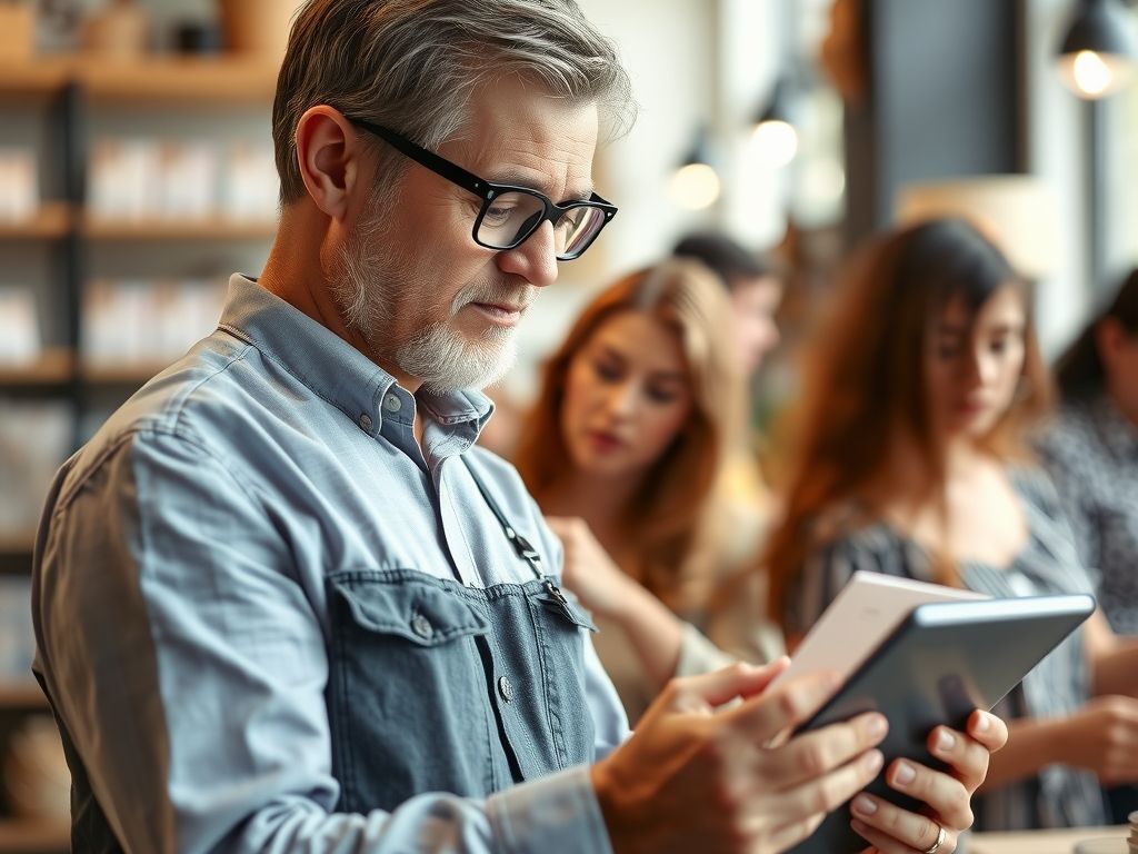 A small business owner reviewing a list of customers on a tablet.