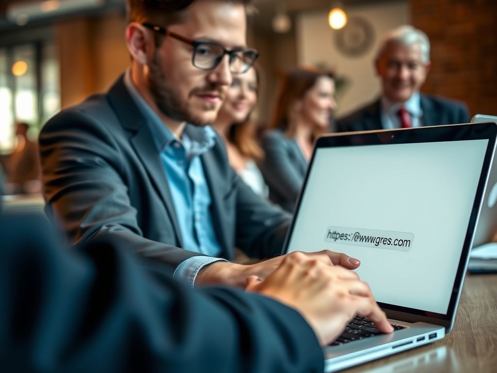 A business owner typing a web address into a laptop browser.