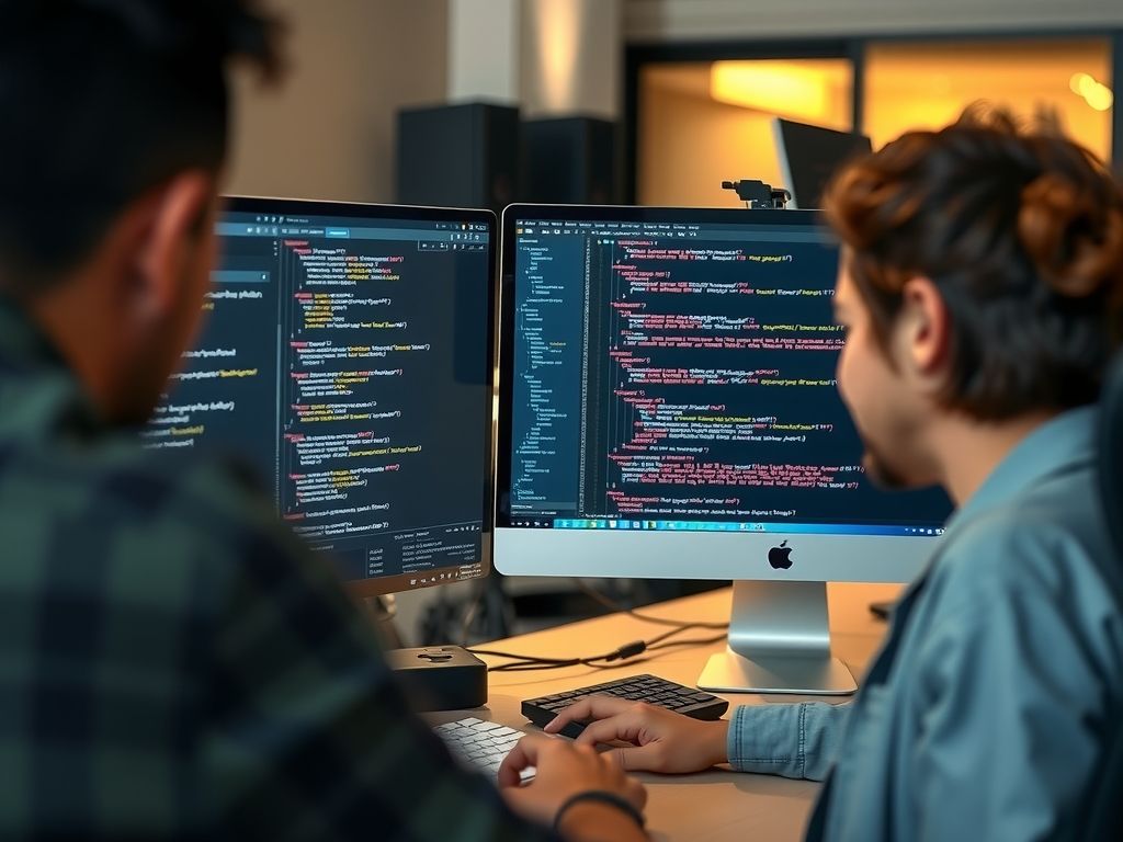 A developer at a desk with two monitors showing code.
