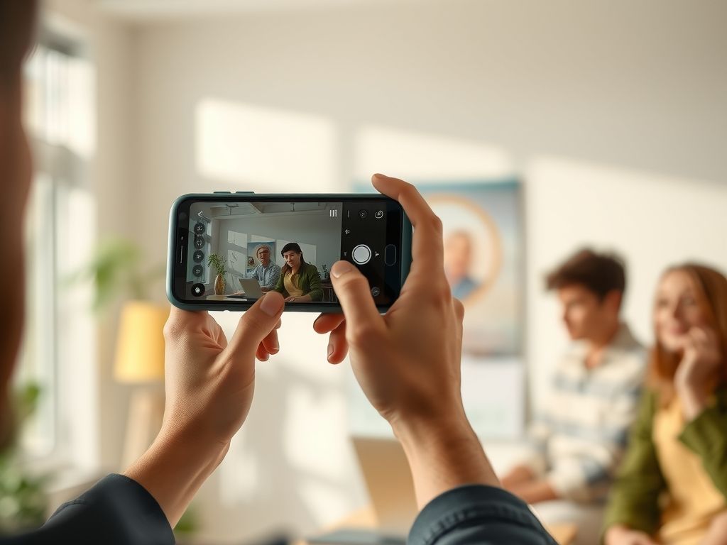 A creator filming a short video on a phone in a bright room.