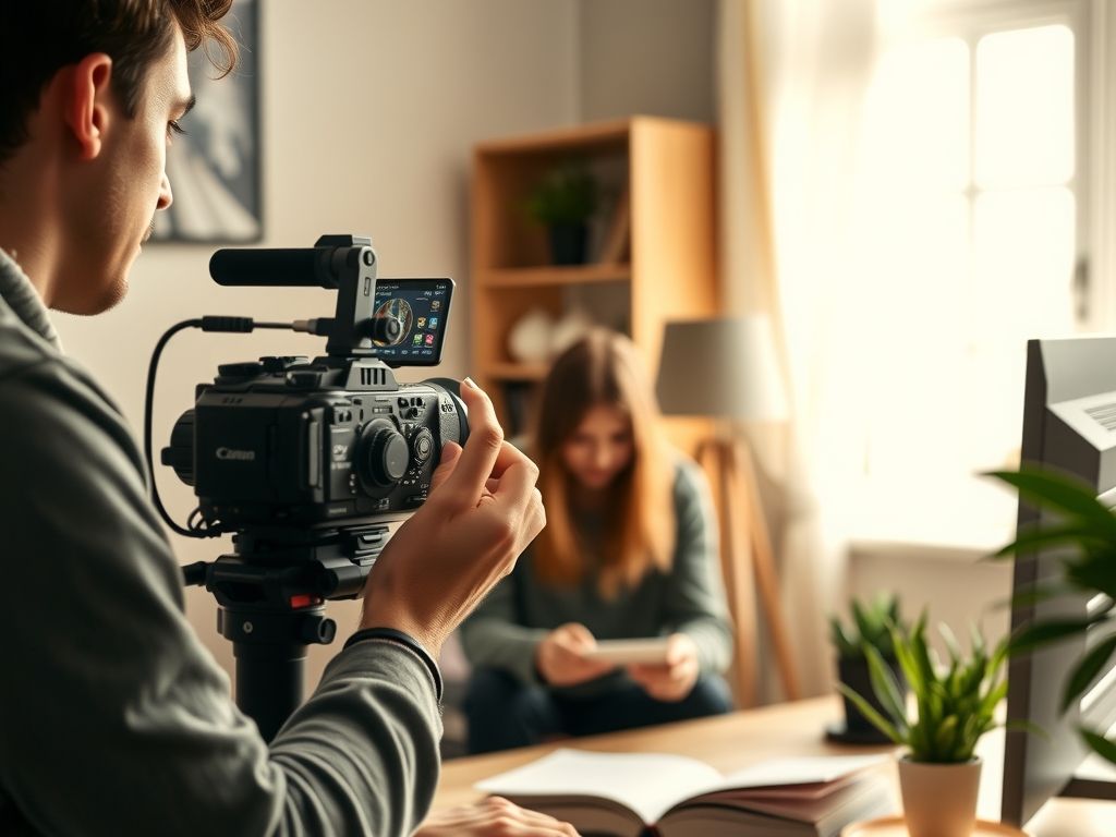 A creator filming a product review for a brand at home.