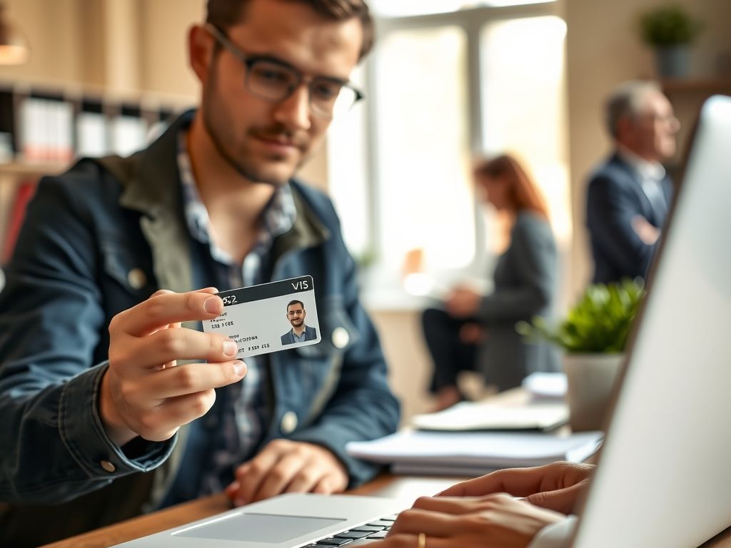 A seller holding an ID card next to a laptop for a verification check.